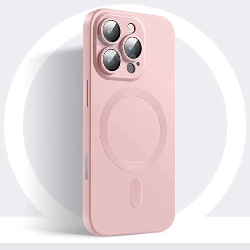 Apple iPhone Luxury Matte Finish Magsafe Soft Anti-Slip Silicone Case with Lens Protector