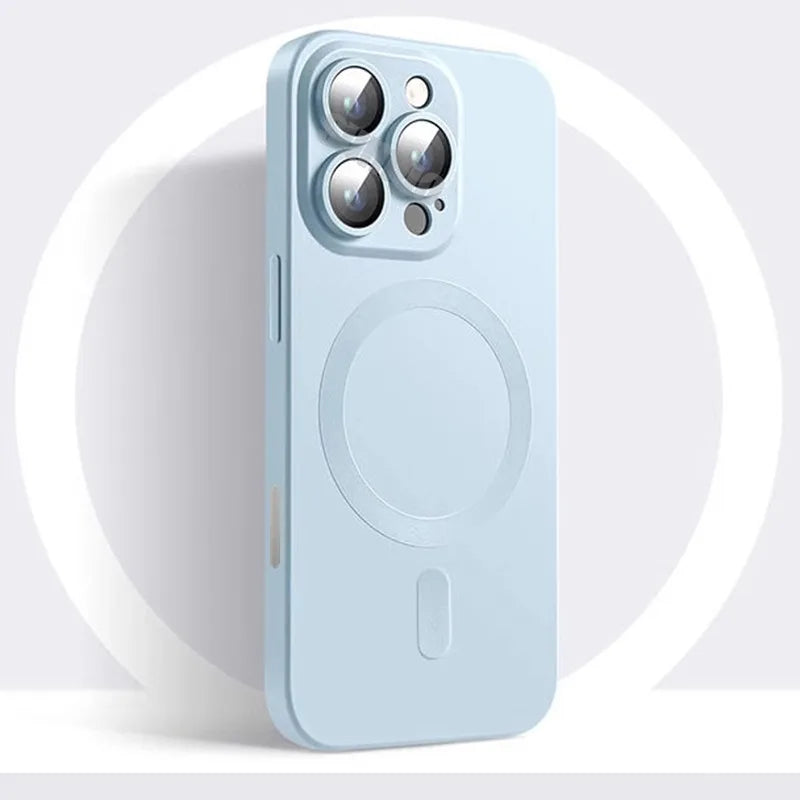 Apple iPhone Luxury Matte Finish Magsafe Soft Anti-Slip Silicone Case with Lens Protector