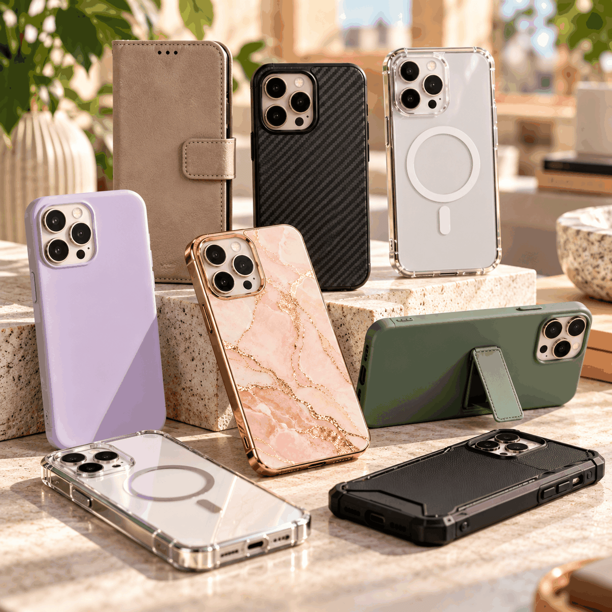 Phone cases in leather, black textured, clear, lilac, marble, green and rugged black styles; How to Find the Right Phone Case: A Practical Buying Guide
