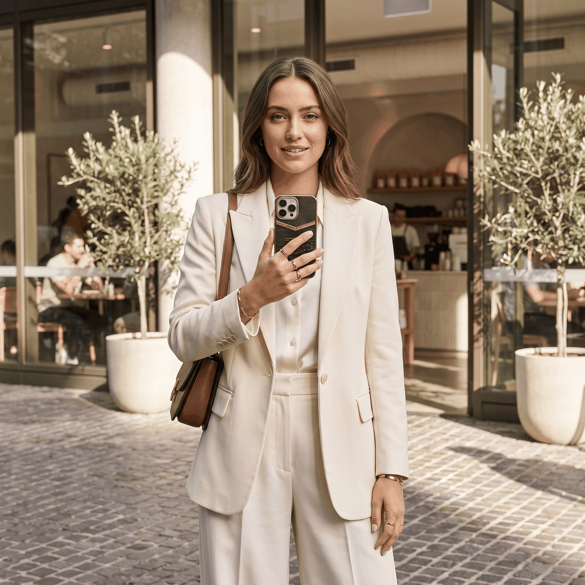 Phone case in a dark brown marbled pattern, held by a woman in a coordinated cream suit to match your phone case to your style