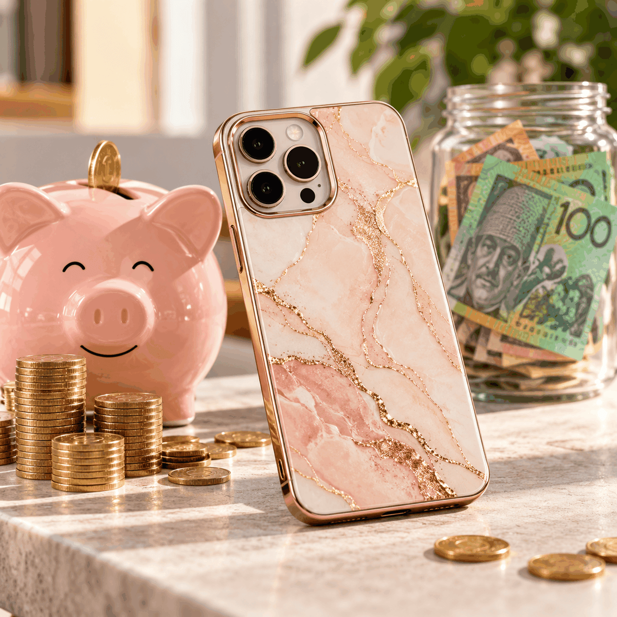 Why You Don’t Need to Spend a Fortune on a Quality Phone Case illustrated by a peach marble phone case with gold veins