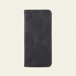 Apple iPhone leather flip wallet case in black with tan contrast stitching and a curved front flap.