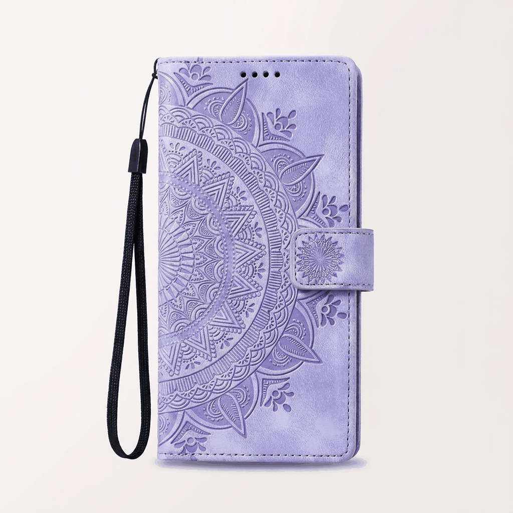 Apple iPhone wallet case in lavender leather with an embossed floral mandala pattern, magnetic strap and black wrist loop