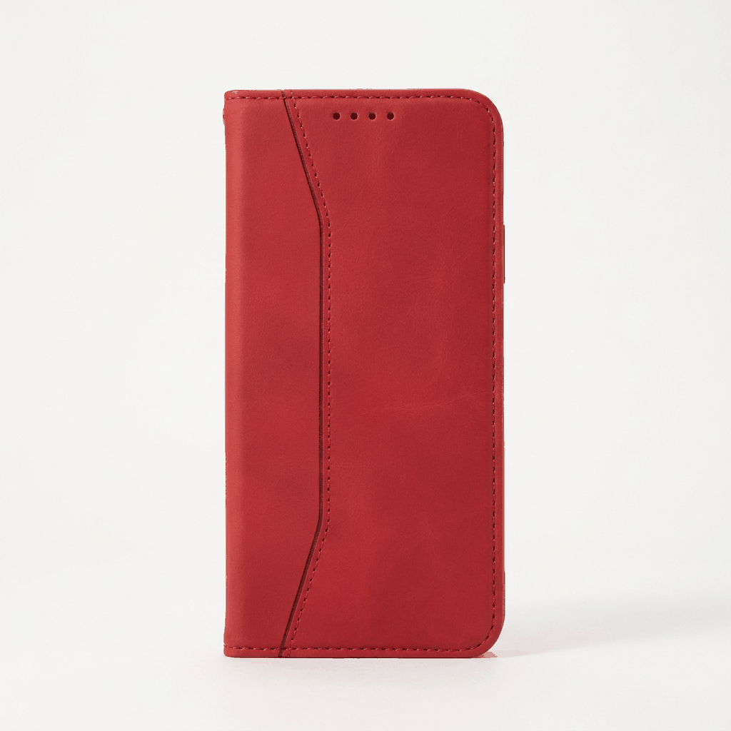 Apple iPhone flip wallet case in red leather-textured material with stitched edges and a front card pocket
