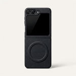 Samsung Galaxy Z Flip case in black woven carbon fibre with diagonal texture, circular magnetic ring and camera cutouts