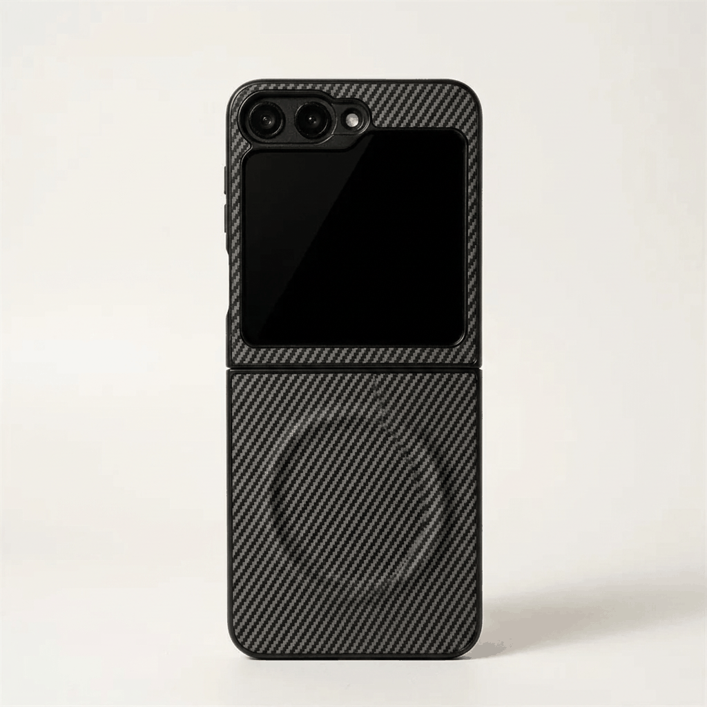 Samsung Galaxy Z Flip case in black carbon fibre with a diagonal woven pattern and slim protective shell
