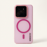 Xiaomi Magnetic Wireless Charging phone case in translucent pink with a bold magenta magnetic ring and raised camera bumper