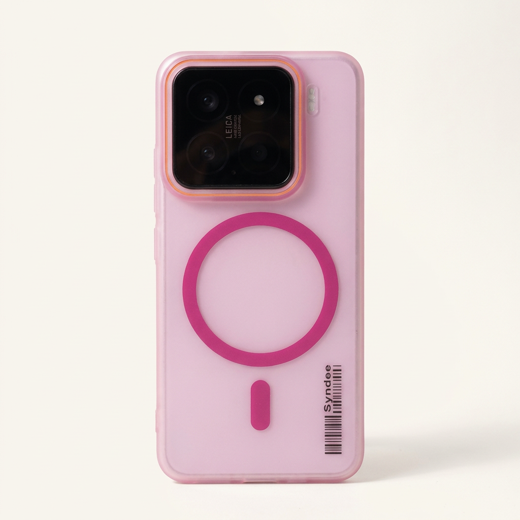 Xiaomi Magnetic Wireless Charging phone case in translucent pink with a bold magenta magnetic ring and raised camera bumper