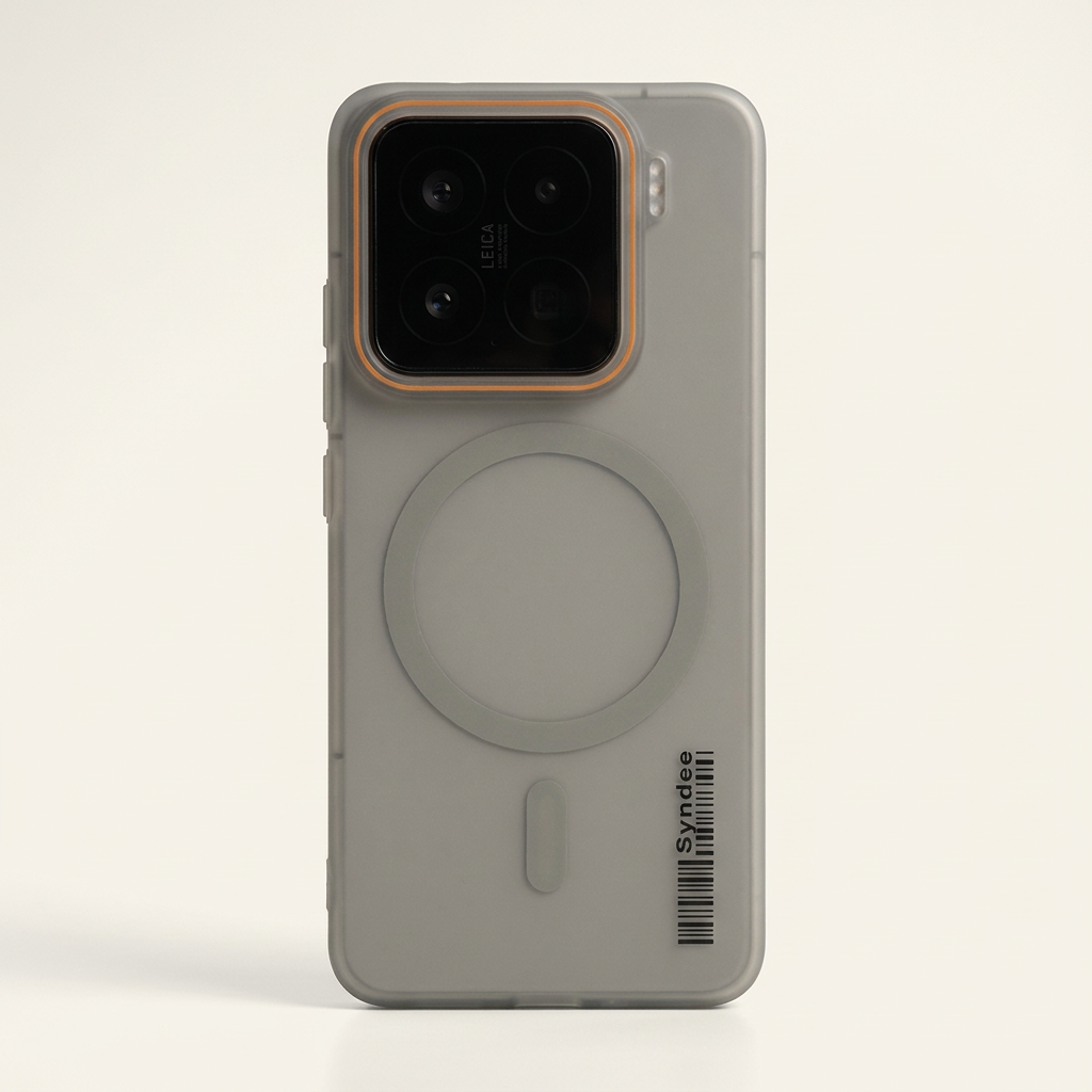 Xiaomi Magnetic Wireless Charging phone case in translucent grey with a smooth finish, raised camera rim and magnetic ring
