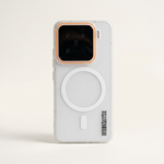 Xiaomi Magnetic Wireless Charging phone case in translucent white with a smooth finish, magnetic ring and orange-trimmed camera bumper