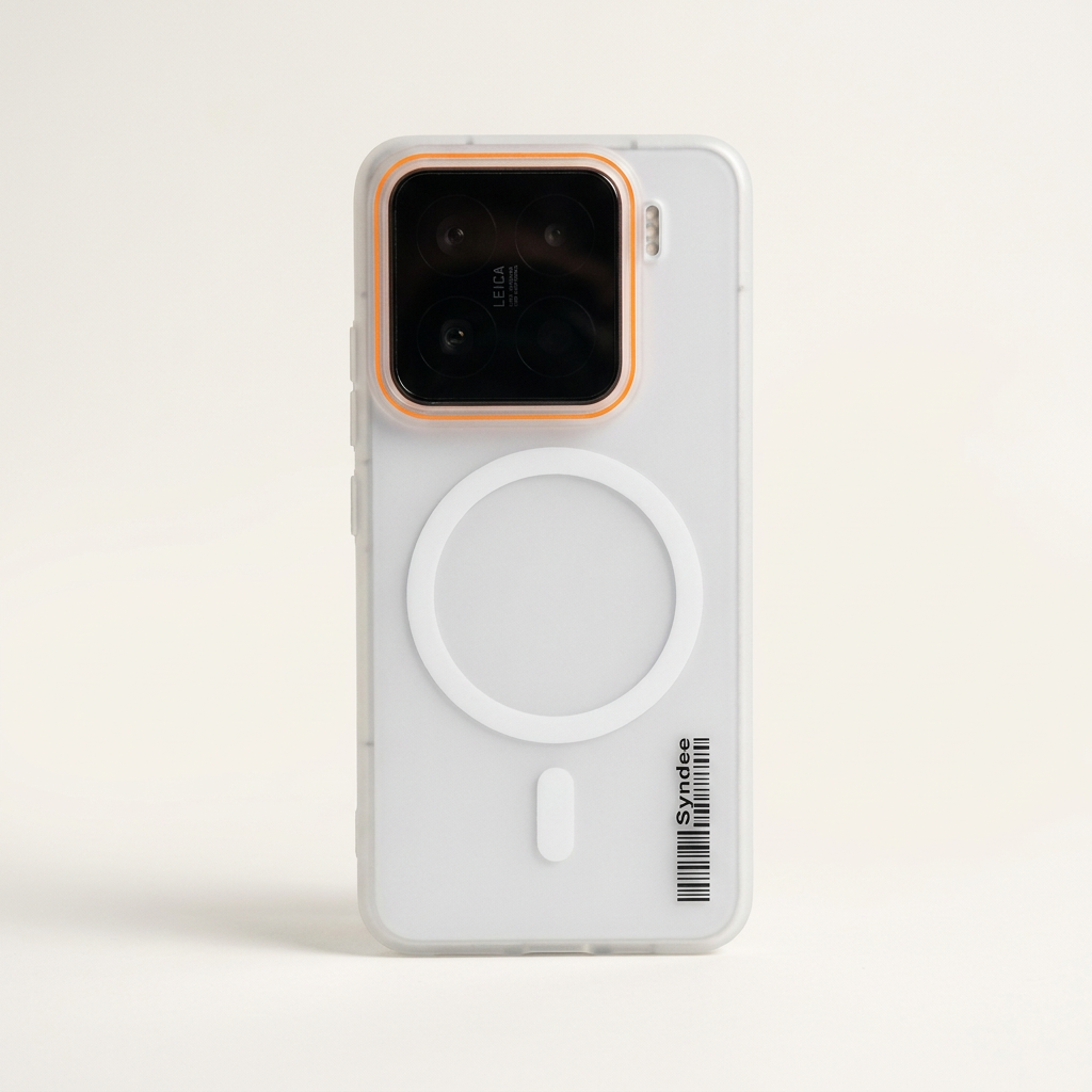 Xiaomi Magnetic Wireless Charging phone case in translucent white with a smooth finish, magnetic ring and orange-trimmed camera bumper