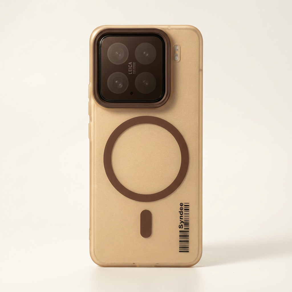 Xiaomi Magnetic Wireless Charging phone case in matte gold with a smooth finish, dark magnetic ring and raised camera bumper