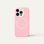 Apple iPhone case in soft pink with a smooth finish, raised camera cutout and circular MagSafe ring