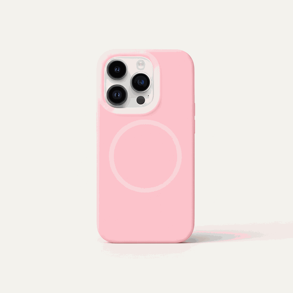 Apple iPhone case in soft pink with a smooth finish, raised camera cutout and circular MagSafe ring