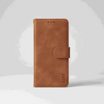 Apple iPhone brown leather-look wallet case with stitched edges, three earpiece holes and a magnetic closure strap