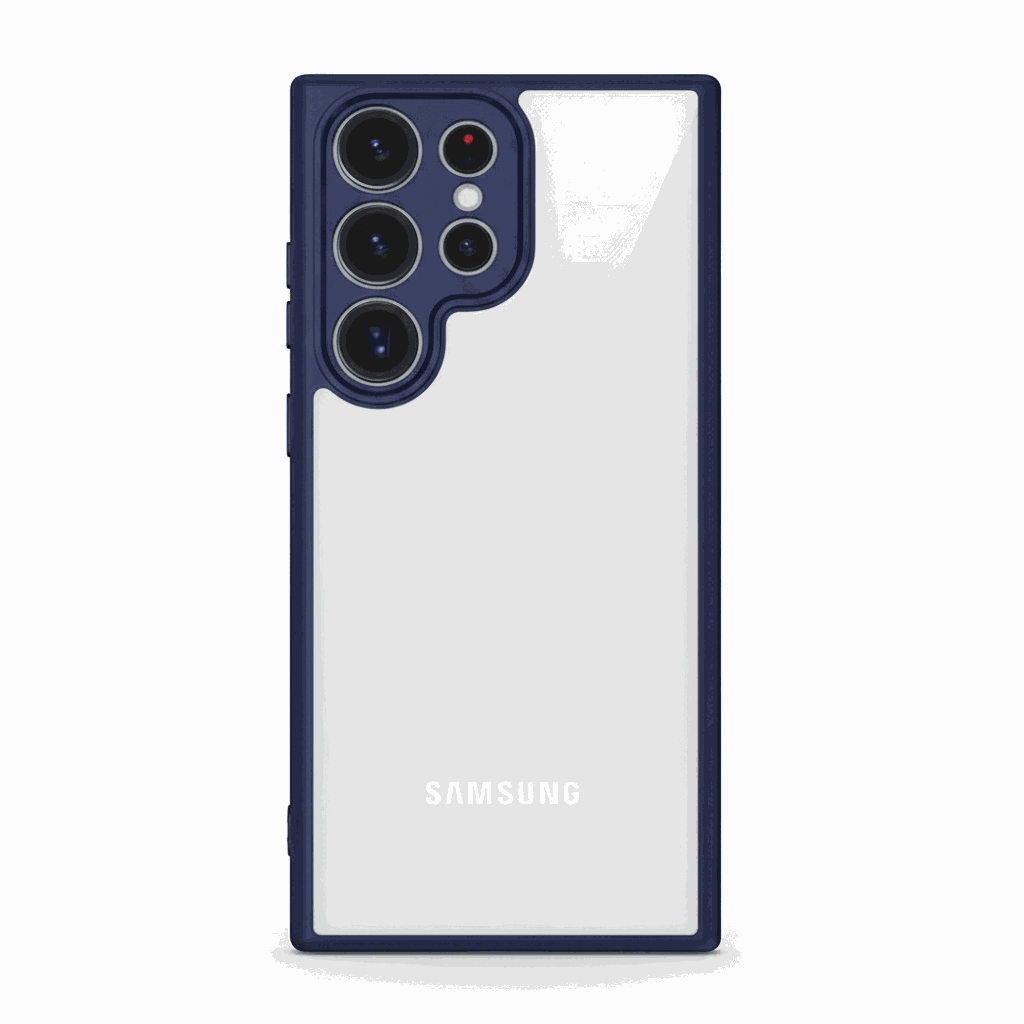 Samsung Galaxy - Luxury Matte Clear Acrylic Case with a clear back, dark navy matte edges, and a raised camera surround