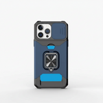 Apple iPhone - Heavy Duty Case in navy blue and black textured material, with cyan accents and a metal ring stand.