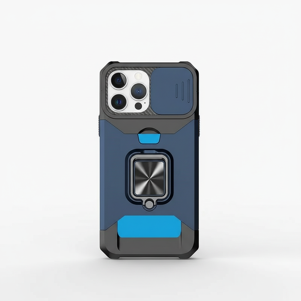 Apple iPhone - Heavy Duty Case in navy blue and black textured material, with cyan accents and a metal ring stand.