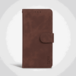 Apple iPhone brown leather flip wallet case with stitched edges, magnetic tab closure and subtle embossed logo