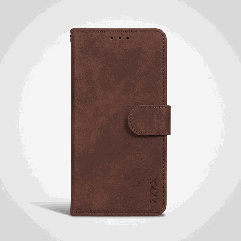 Apple iPhone brown leather flip wallet case with stitched edges, magnetic tab closure and subtle embossed logo