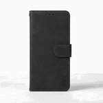 Apple iPhone flip wallet case in black textured leather with stitched edges and a magnetic closure strap
