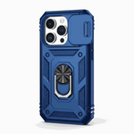 Apple iPhone rugged case in dark blue with a textured shockproof shell, camera cover and metal ring stand