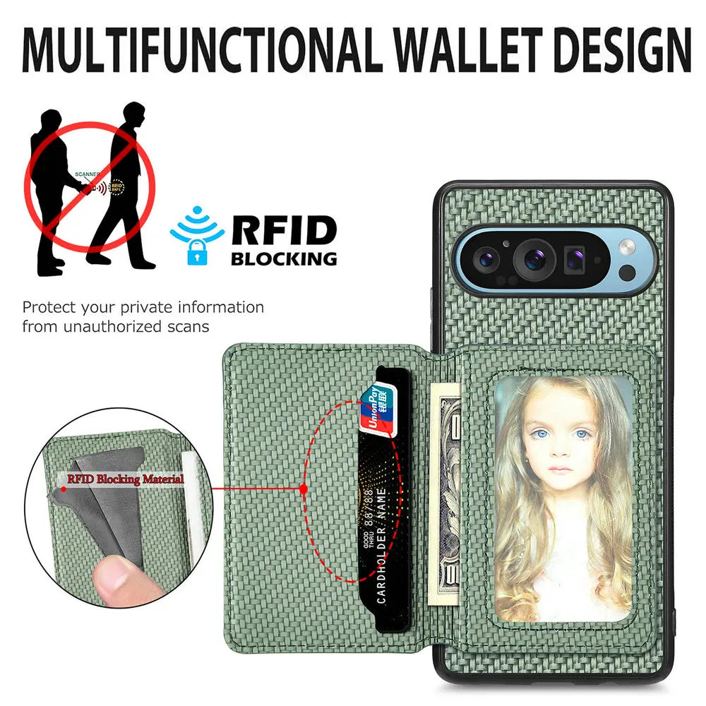 Google Pixel Leather Card Back Cover Magnetic RFID Wallet Case With Lens Protection