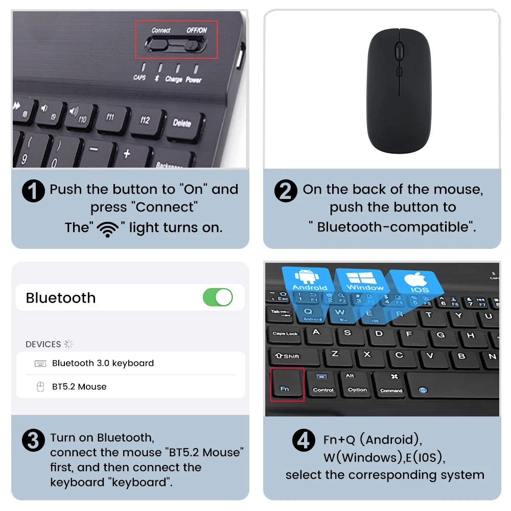 Bluetooth Wireless Keyboard & Mouse For Apple, Android, Windows Tablets