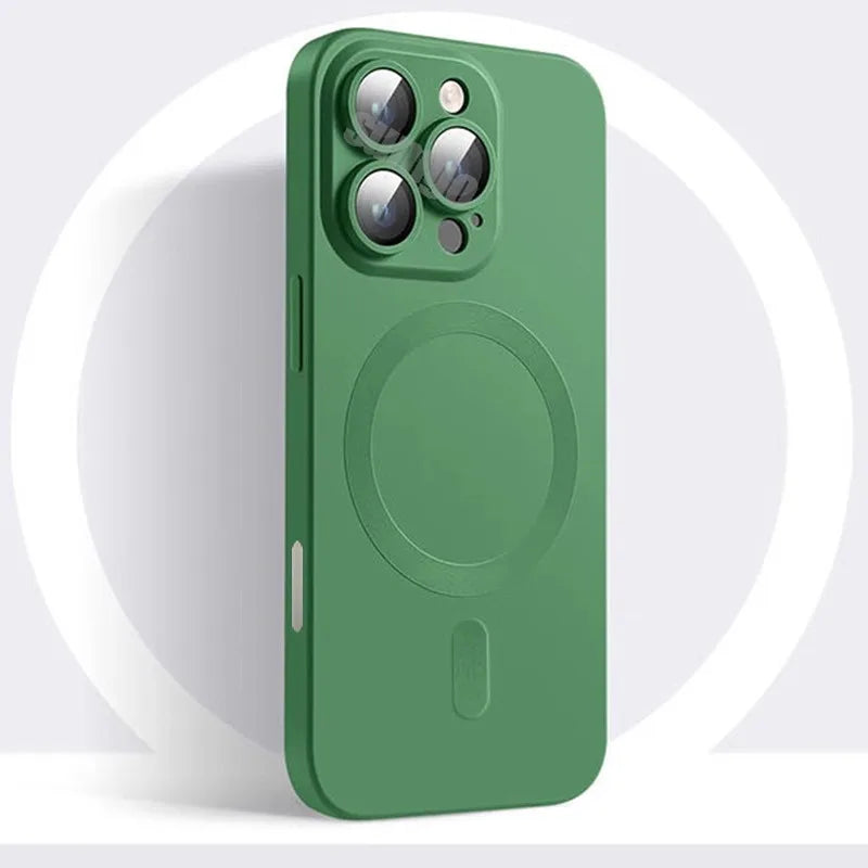 Apple iPhone Luxury Matte Finish Magsafe Soft Anti-Slip Silicone Case with Lens Protector