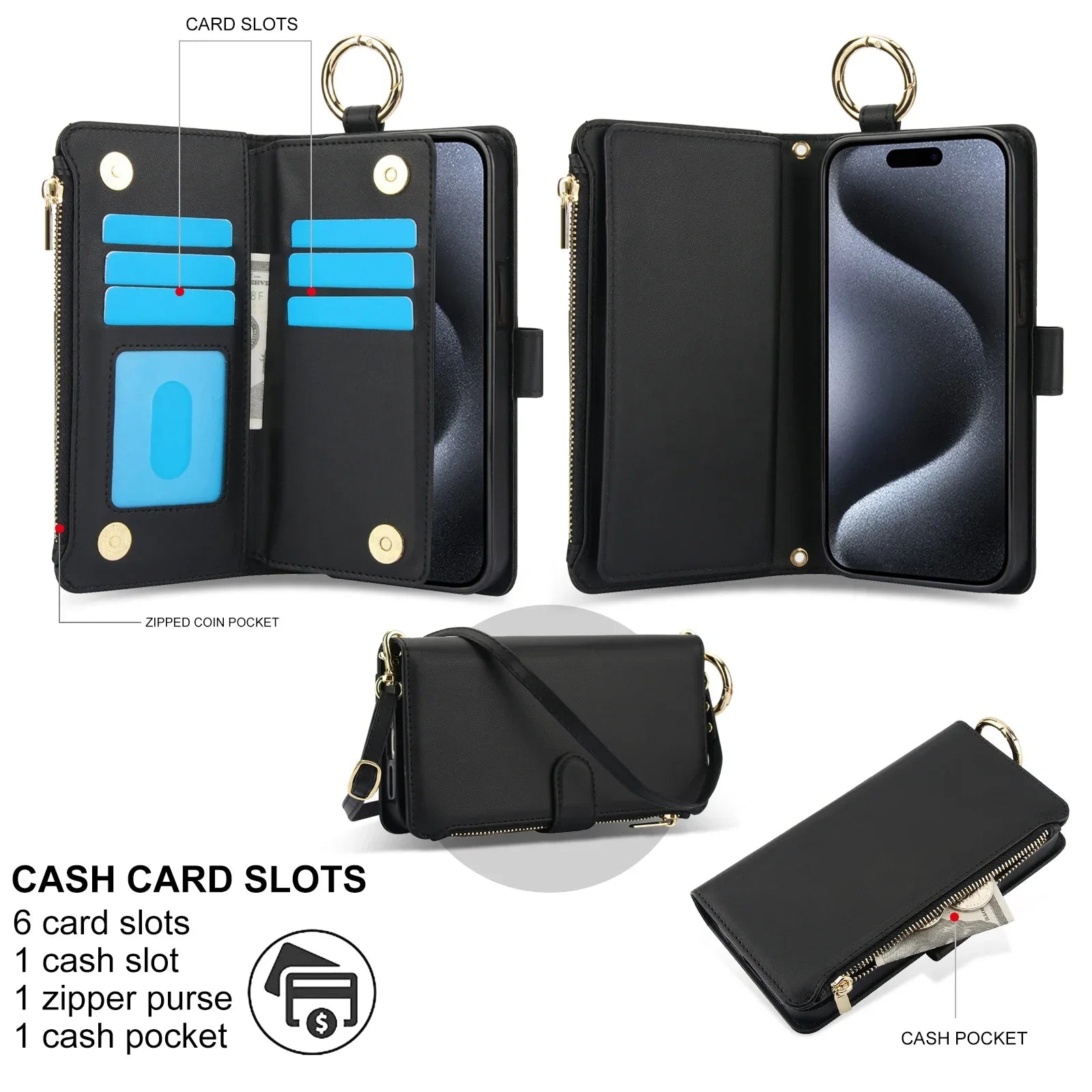 Apple iPhone Zipper Leather Wallet Case with Card Slots