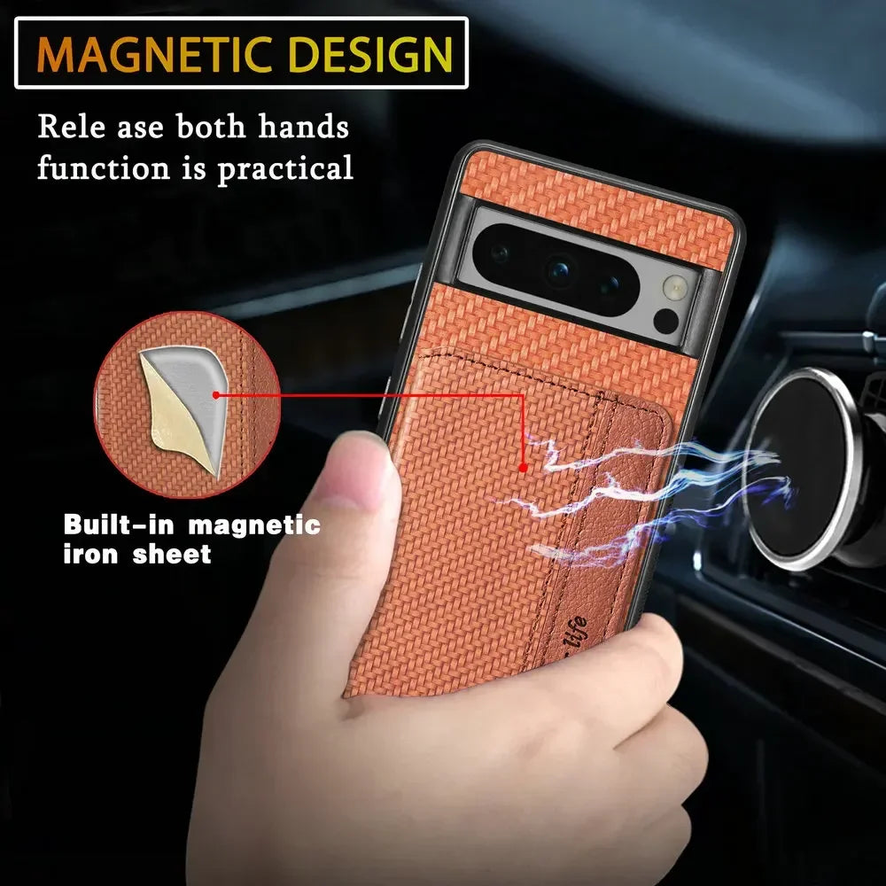 Google Pixel Leather Card Back Cover Magnetic RFID Wallet Case With Lens Protection