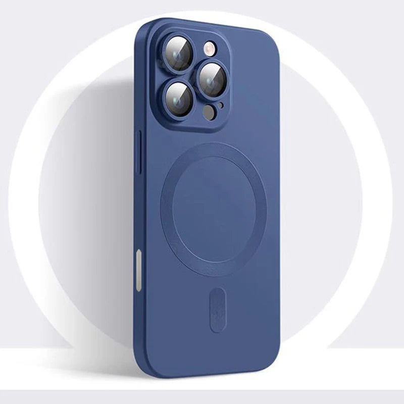 Apple iPhone Luxury Matte Finish Magsafe Soft Anti-Slip Silicone Case with Lens Protector