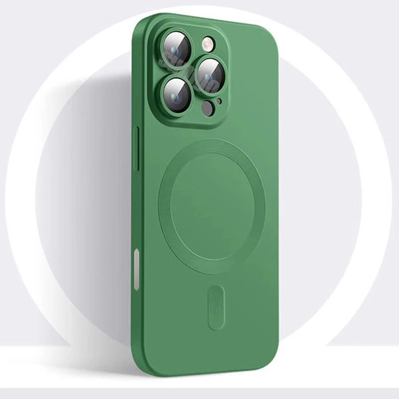 Apple iPhone Luxury Matte Finish Magsafe Soft Anti-Slip Silicone Case with Lens Protector