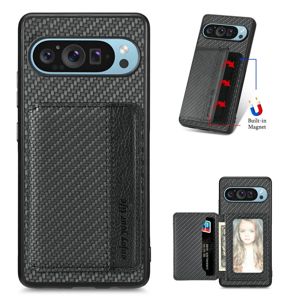 Google Pixel Leather Card Back Cover Magnetic RFID Wallet Case With Lens Protection