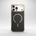 Apple iPhone MagSafe case with a black textured checkerboard back, gold trim, and a gold magnetic ring