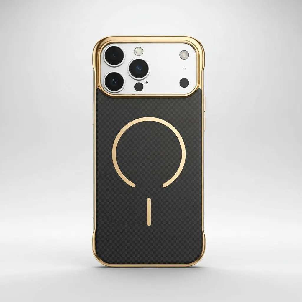 Apple iPhone MagSafe case with a black textured checkerboard back, gold trim, and a gold magnetic ring