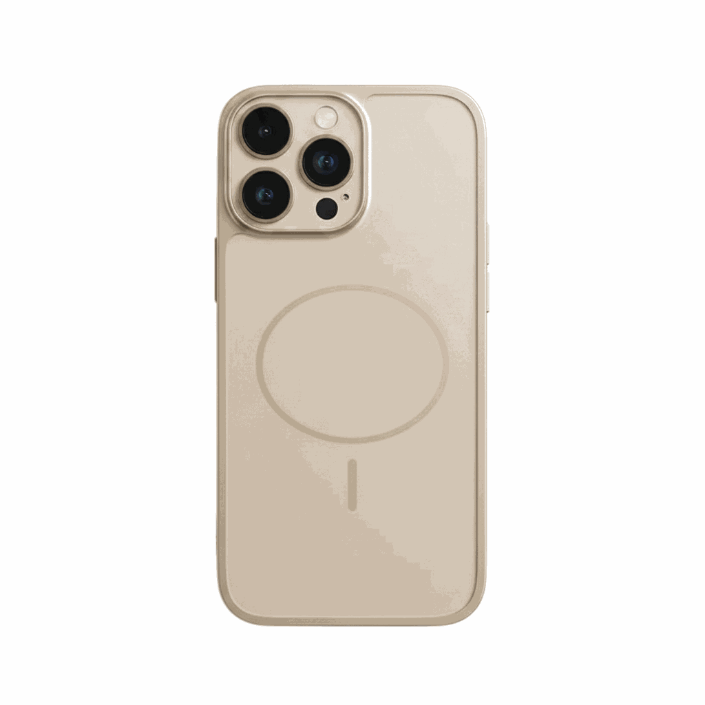 Apple iPhone case in a beige clear finish with a MagSafe ring and raised triple-camera lens protector
