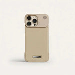 Apple iPhone case in beige textured leather with stitched edges, a raised triple-camera opening, speaker holes and a small slot