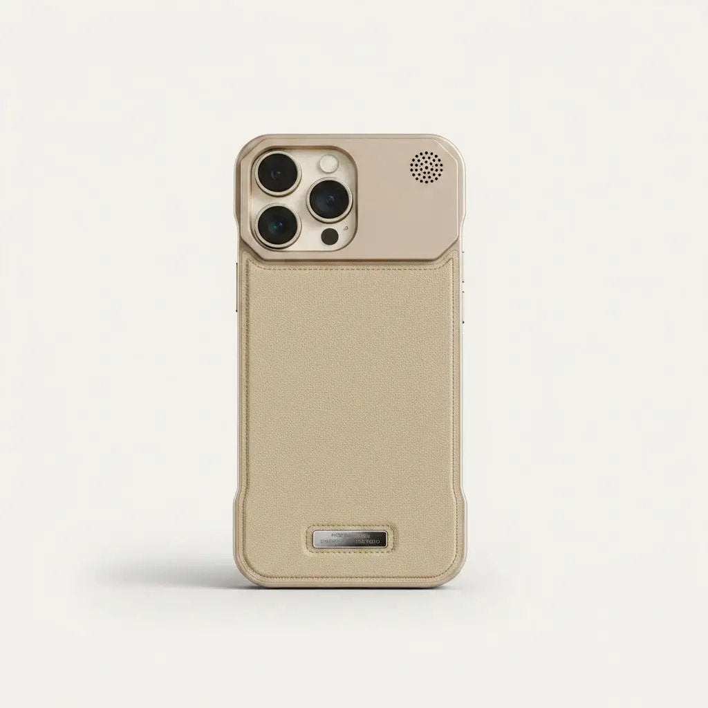 Apple iPhone case in beige textured leather with stitched edges, a raised triple-camera opening, speaker holes and a small slot
