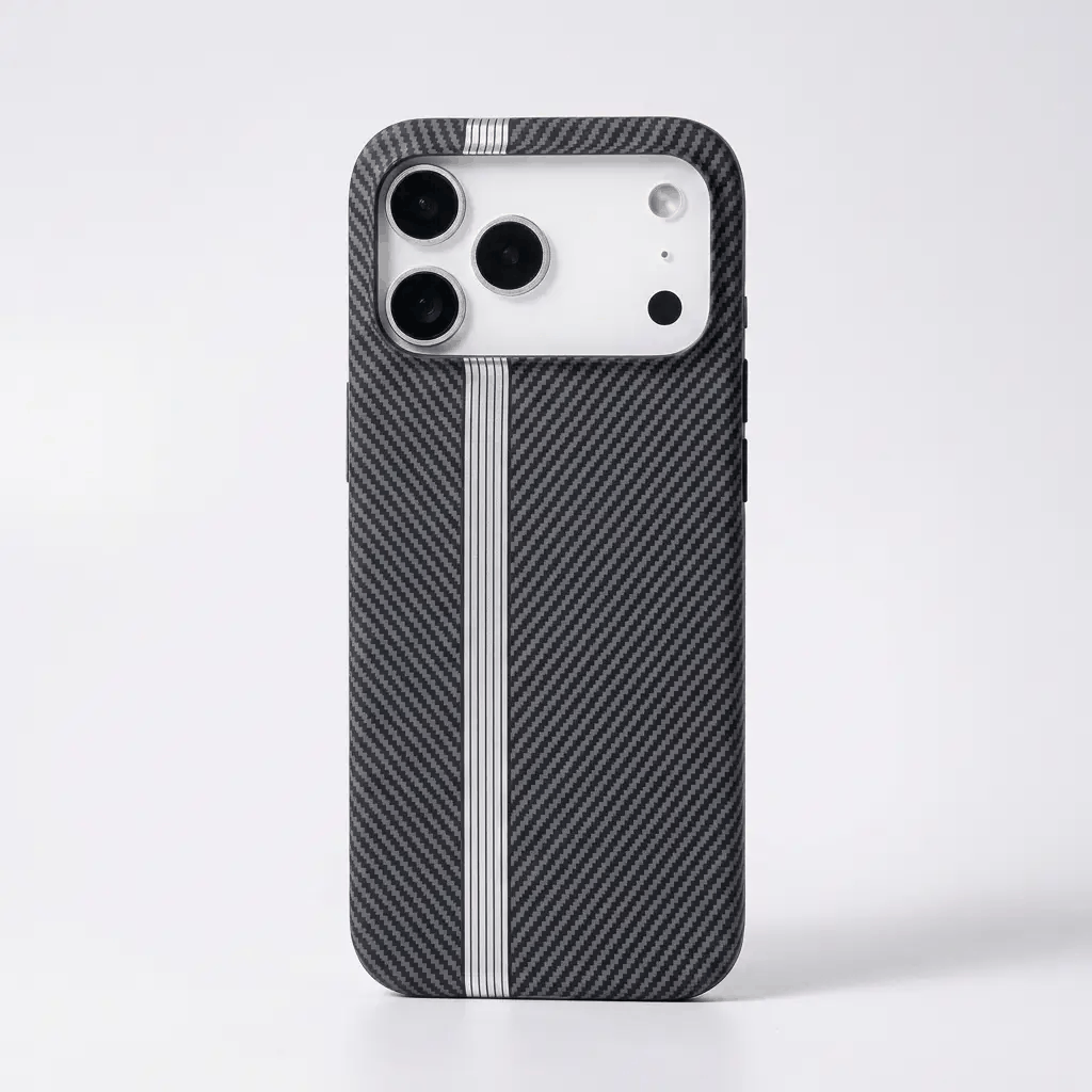 Apple iPhone case in black and gray woven carbon-fibre texture with a slim silver centre stripe and raised camera edge