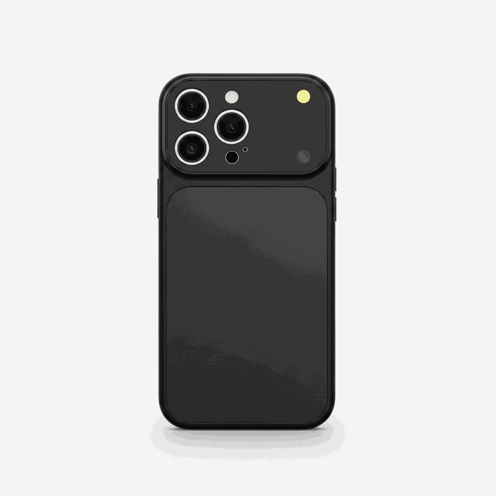 Apple iPhone in a black protective case with a smooth finish and raised camera guard surrounding multiple lens openings