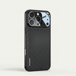 Apple iPhone case in black with a textured checkered weave finish, slim profile and raised camera cutout surround