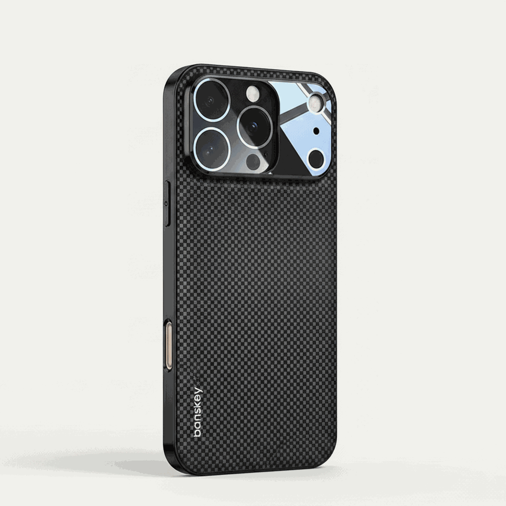 Apple iPhone case in black with a textured checkered weave finish, slim profile and raised camera cutout surround