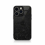 Apple iPhone case in black glitter with a clear, sparkling back and glossy electroplated bumper around the edges