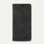 Apple iPhone black leather folio wallet case with a brushed texture, stitched edges and a small speaker cutout