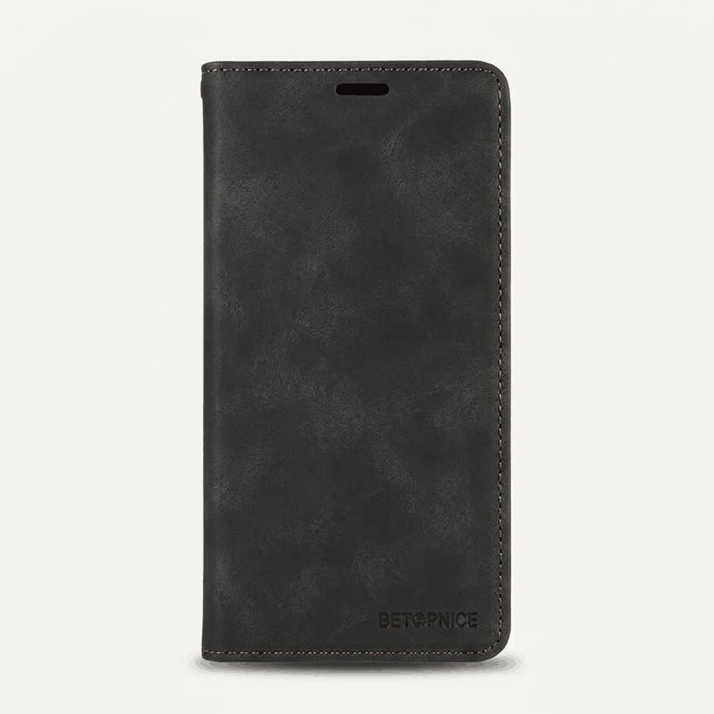 Apple iPhone black leather folio wallet case with a brushed texture, stitched edges and a small speaker cutout