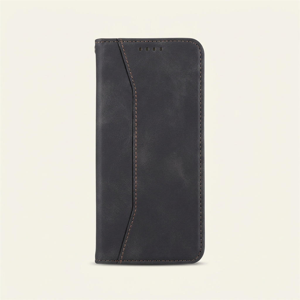 Apple iPhone flip wallet case in black leather-look material with contrast stitching and a curved front flap