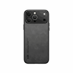 Apple iPhone case in black leather-look material with a subtle textured finish and raised camera surround