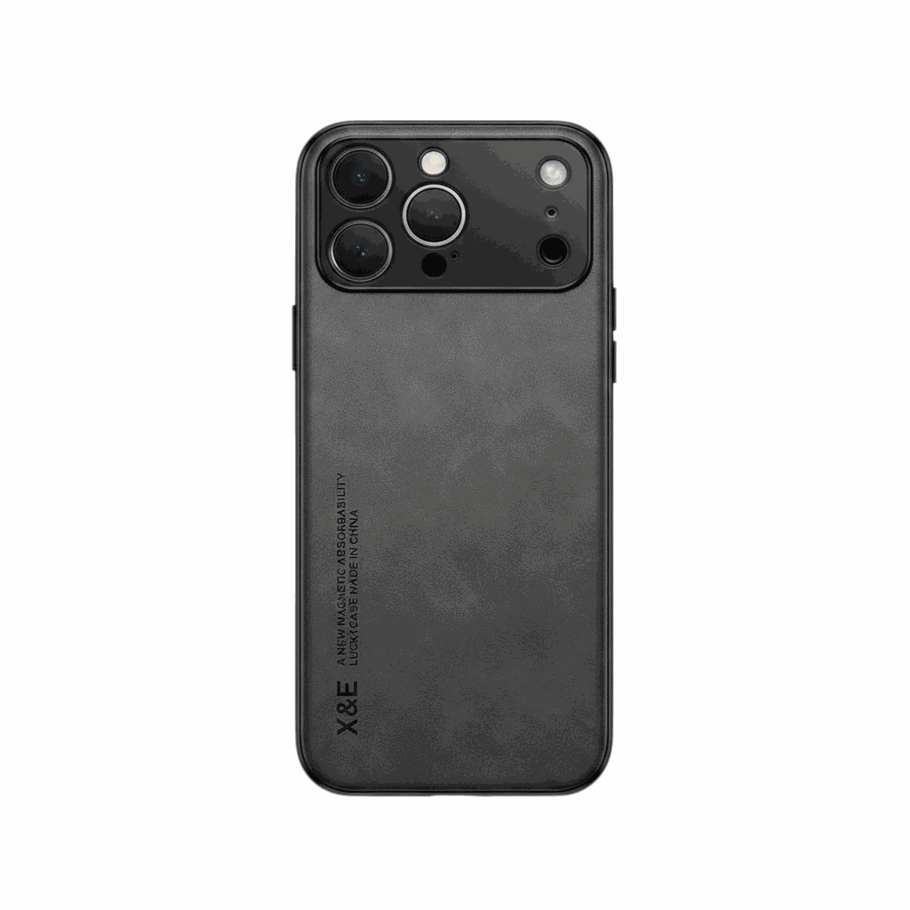 Apple iPhone case in black leather-look material with a subtle textured finish and raised camera surround