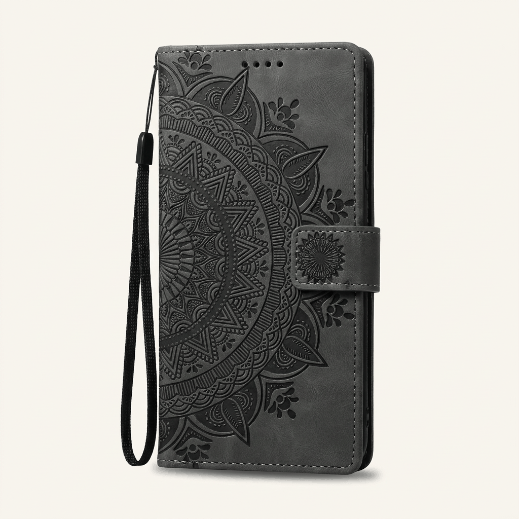 Apple iPhone wallet case in black leather with an embossed mandala pattern, magnetic strap closure and wrist loop